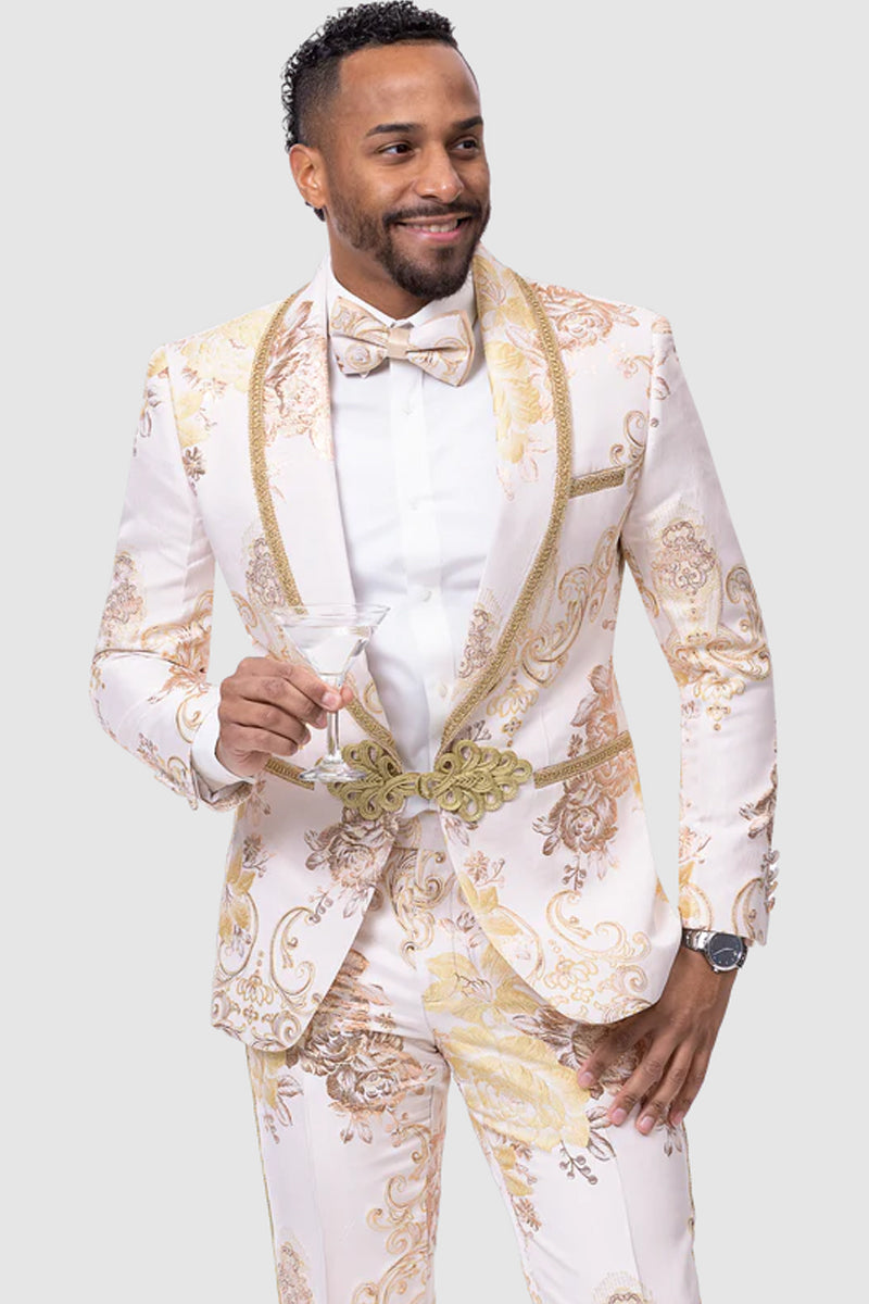 Mens White & Gold Paisley Prom & Wedding Tuxedo - Gold