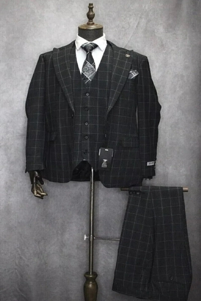 Mens Two Button Peak Lapel Plaid Pattern Suit Charcoal ~ White - Coat Size 38