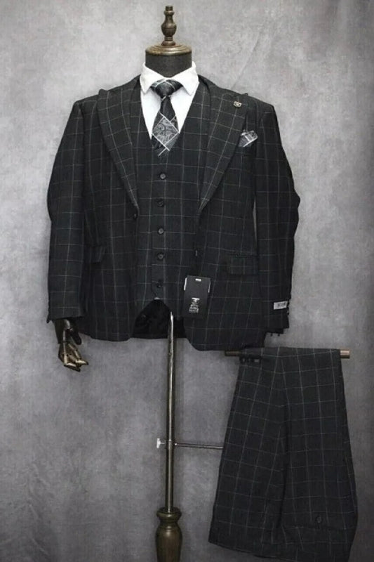 Mens Two Button Peak Lapel Plaid Pattern Suit Charcoal ~ White