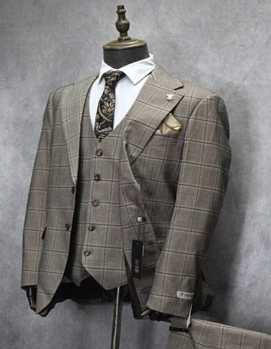 Mens Two Button Notch Lapel Plaid Pattern Suit Tan ~ Brown - 34 Short or Extra Small