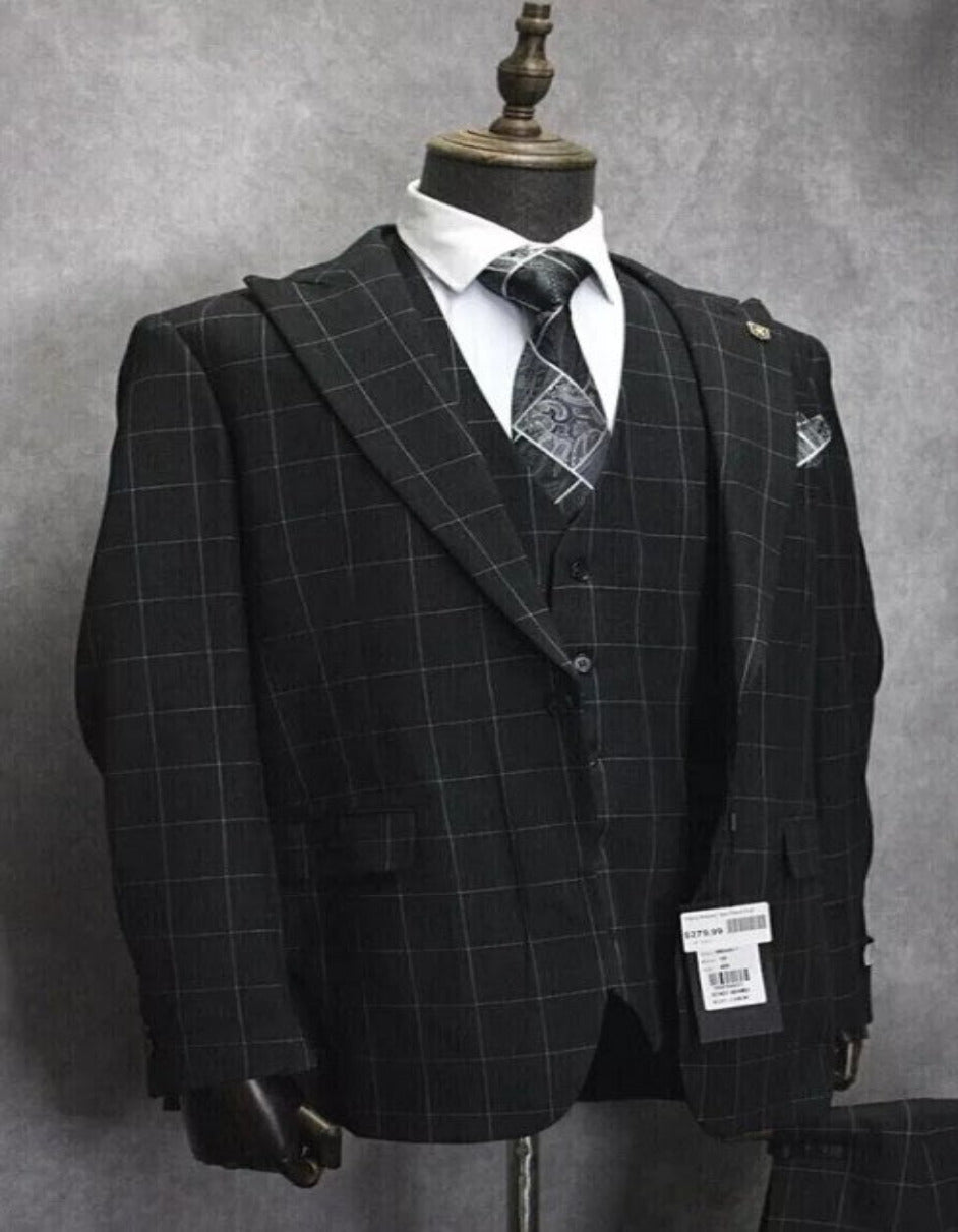 Mens Two Button Peak Lapel Plaid Pattern Suit Charcoal ~ White - Coat Size 38