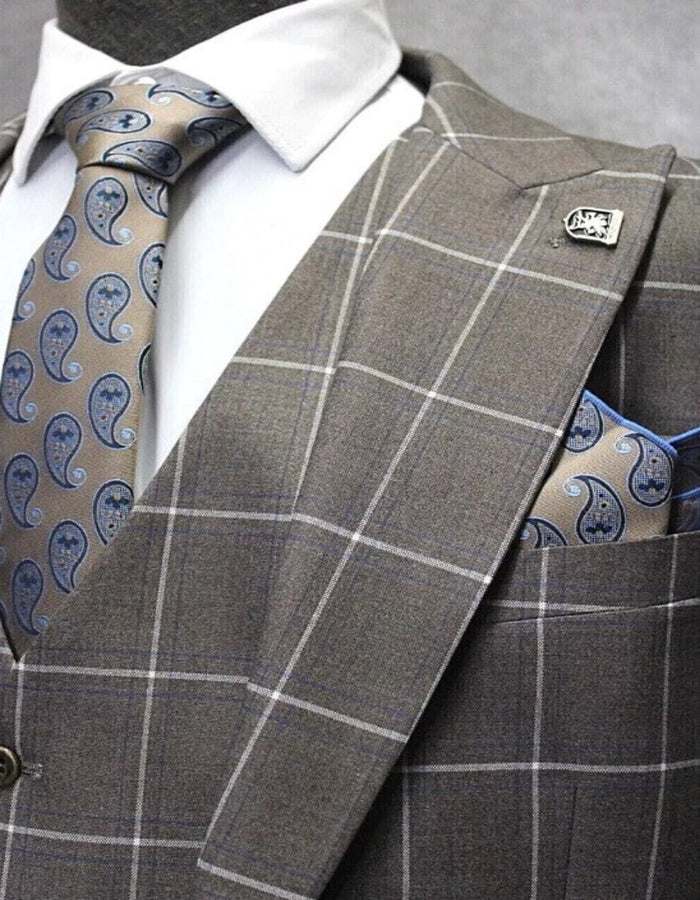 Mens One Button Peak Lapel Plaid Pattern Suit White