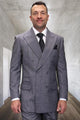 Mens Double Breasted Wool Suit Grey Plaid Regular Fit Black Gray