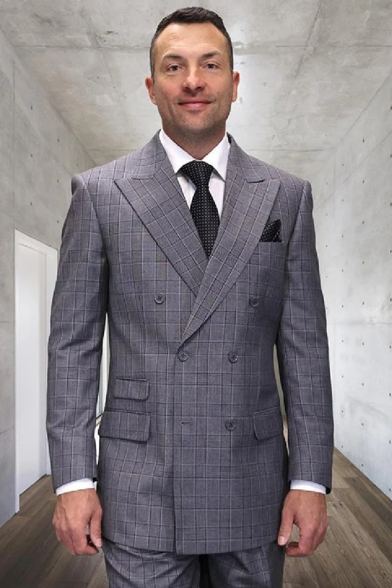 Mens Double Breasted Wool Suit Grey Plaid Regular Fit Black Gray - 34 Short or Extra Small