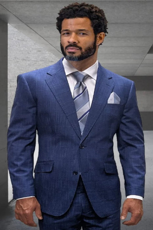 Mens 3 Piece 100 Percent Wool Suit - Affordable Italian Super 150's Fabric in Plaid Texture Fabric in Color Blue - Online Special