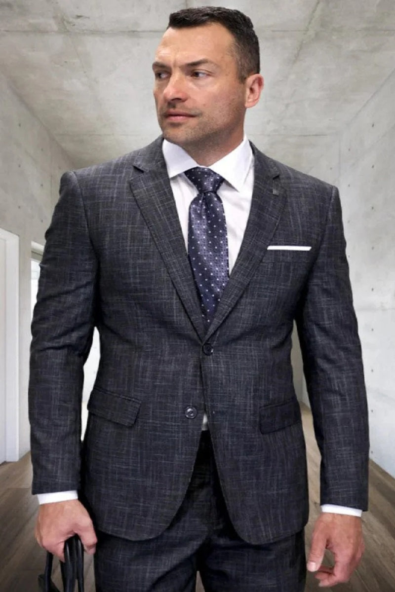 Mens 3 Piece 100 Percent Wool Suit - Affordable Italian Super 150's Fabric in Plaid Texture Fabric in Color Carbon - Online Special - 34 Short or Extra Small