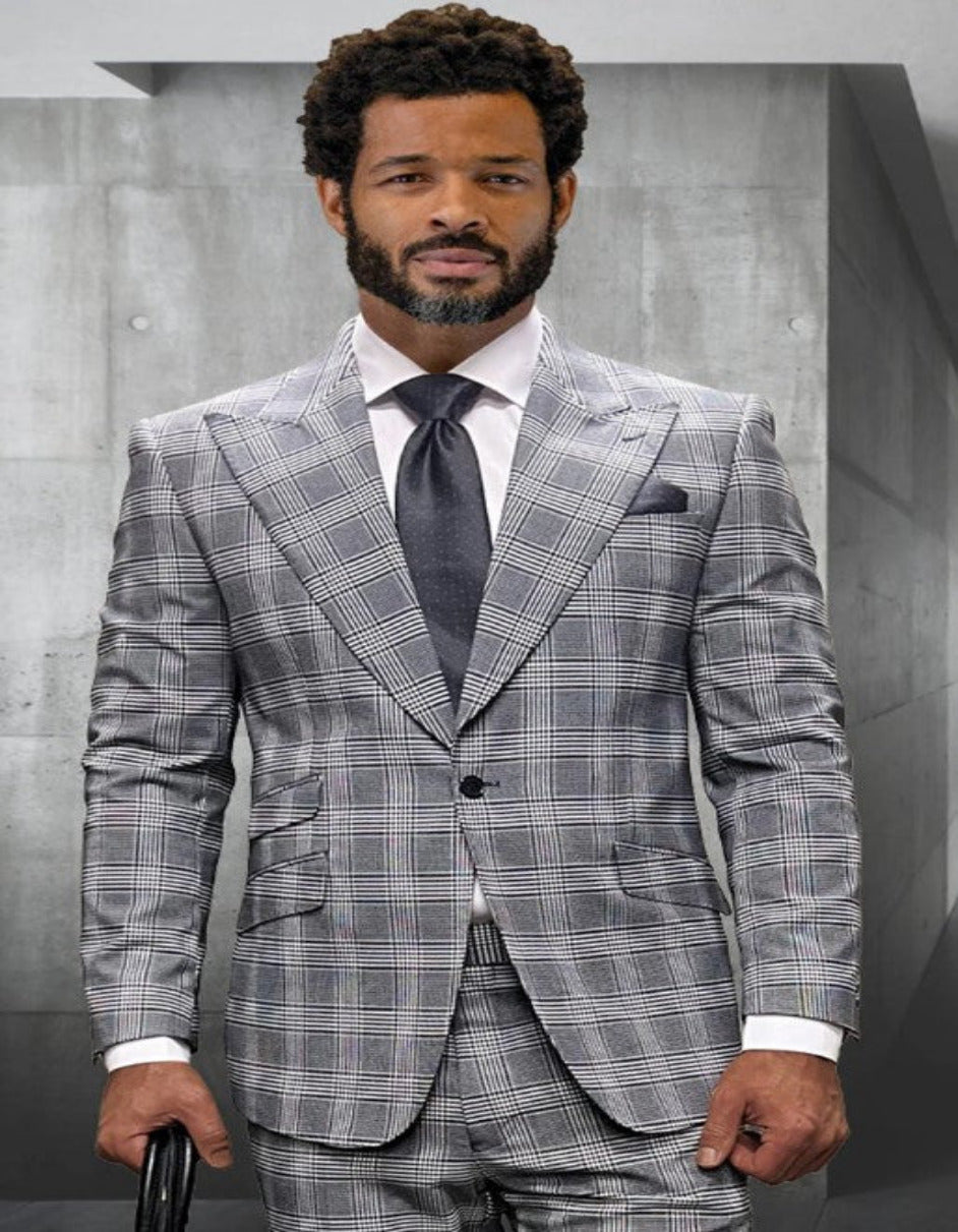 Mens 3 Piece 100 Percent Wool Suit - Affordable Italian Super 150's Fabric in Plaid Texture Fabric in Color Grey - Online Special - 34 Short or Extra Small