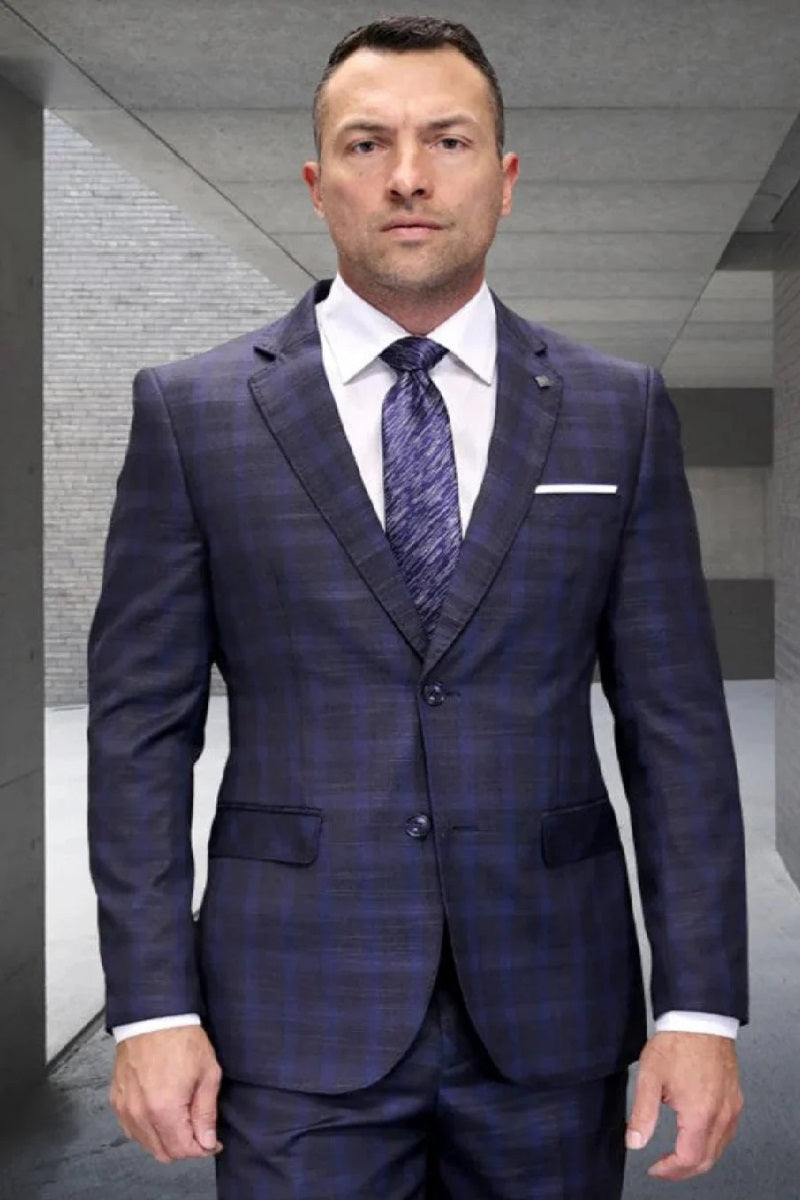 Mens 3 Piece 100 Percent Wool Suit - Affordable Italian Super 150's Fabric in Plaid Texture Fabric in Color Heather Charcoal - Online Special - 34 Short or Extra Small