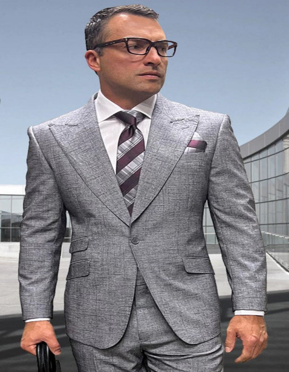 Mens 3 Piece 100 Percent Wool Suit - Affordable Italian Super 150's Fabric in Plaid Texture Fabric in Color Light Grey - Online Special