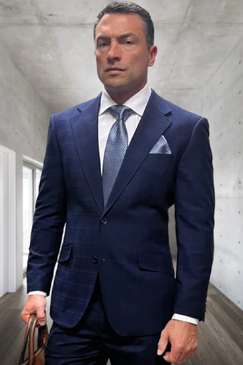 Mens 3 Piece 100 Percent Wool Suit - Affordable Italian Super 150's Fabric in Plaid Texture Fabric in Color Navy Blue - Online Special - 34 Short or Extra Small