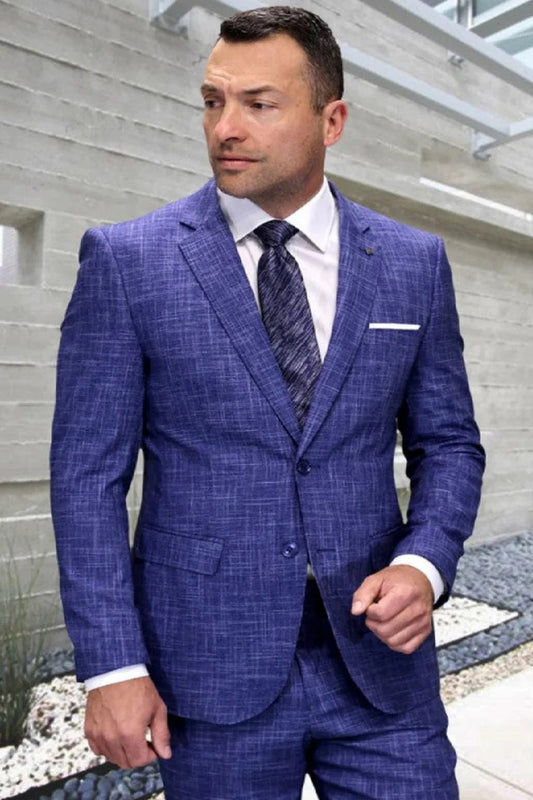 Mens 3 Piece 100 Percent Wool Suit - Affordable Italian Super 150's Fabric in Plaid Texture Fabric in Color Sapphire - Online Special