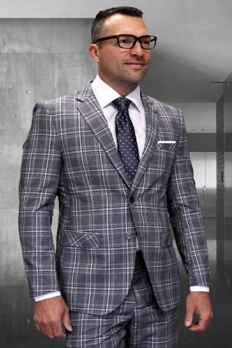 Mens 3 Piece 100 Percent Wool Suit - Affordable Italian Super 150's Fabric in Plaid Texture Fabric in Color Taupe - Online Special - 34 Short or Extra Small