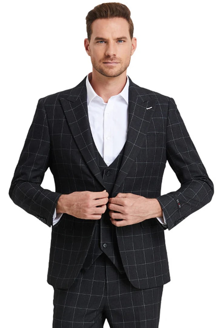 Cheap Priced Suit - Men's One Button Peak Lapel Vested Bold Chalk Windowpane Plaid Black Suit - 38 Short Jacket+32 Waist Adjustable 28to34)(Height: 5 4 to5 7 )(Neck  15-16.5)S-M)