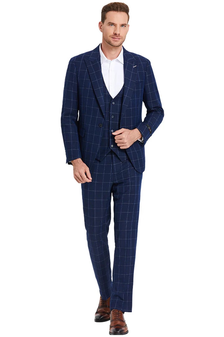 Cheap priced Suit - Men's One Button Peak Lapel Vested Bold Chalk Windowpane Plaid Blue Suit - 38 Short Jacket+32 Waist Adjustable 28to34)(Height: 5 4 to5 7 )(Neck  15-16.5)S-M)