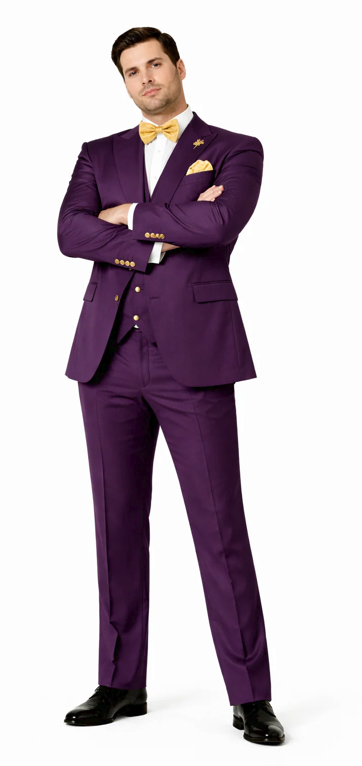 38 Rossiman Mens Plum Purple Suit – Gold Buttoned Double-Breasted Elegance