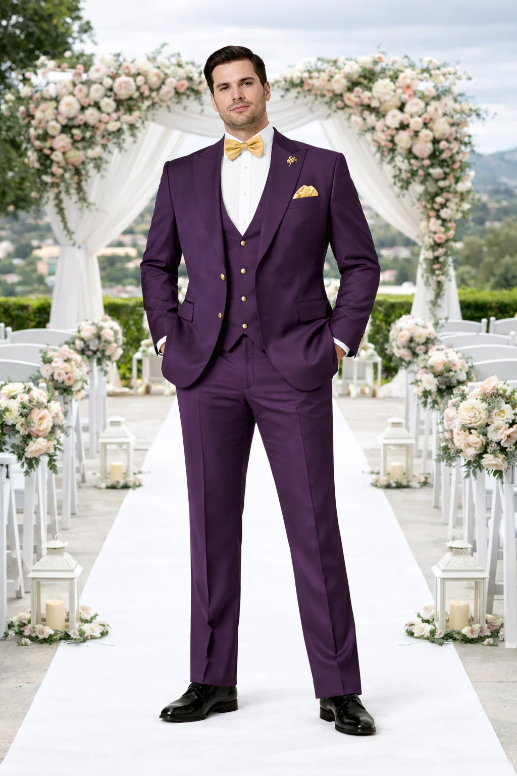 Rossiman Mens Plum Purple Suit – Gold Buttoned Double-Breasted Elegance - 38 Short Jacket+32 Waist Adjustable 28to34)(Height: 5’4”to5’7”)(Neck 15-16.5)S-M)