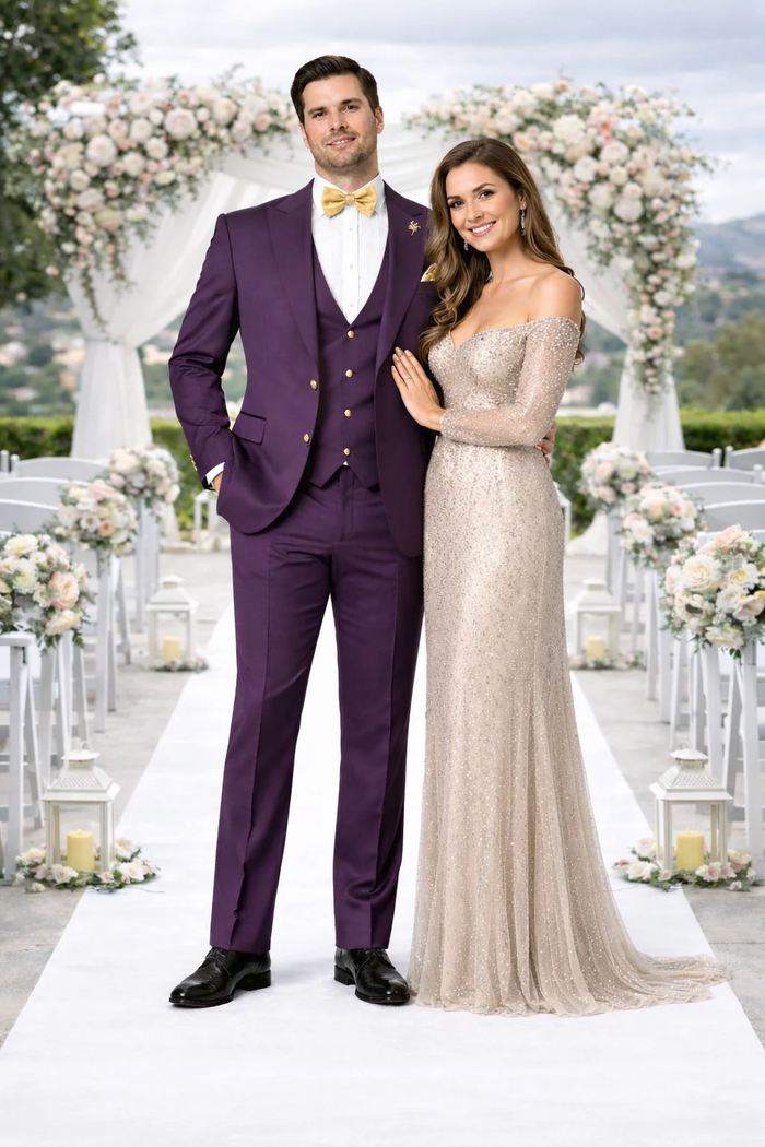 Rossiman Mens Plum Purple Suit – Gold Buttoned Double-Breasted Elegance