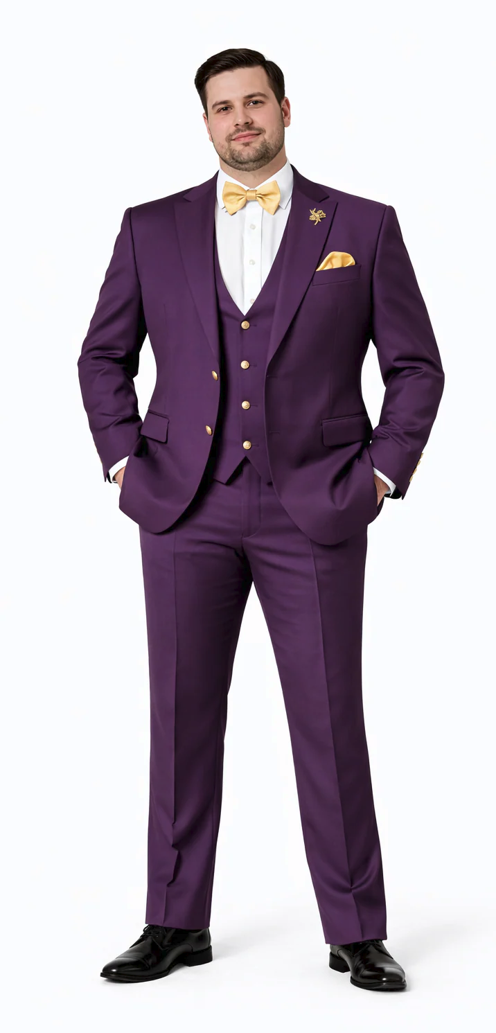 Rossiman Mens Plum Purple Suit – Gold Buttoned Double-Breasted Elegance - 38 Short Jacket+32 Waist Adjustable 28to34)(Height: 5’4”to5’7”)(Neck 15-16.5)S-M)