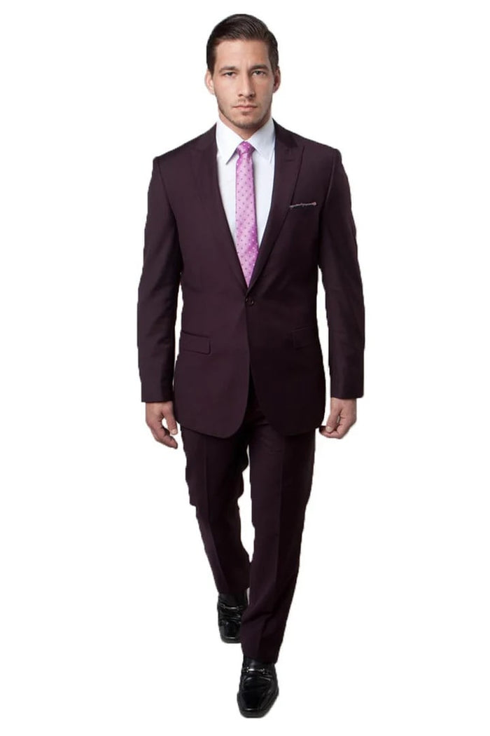 Cheap Priced Suit  - Men's Slim Fit One Button Peak Lapel Plum Suit