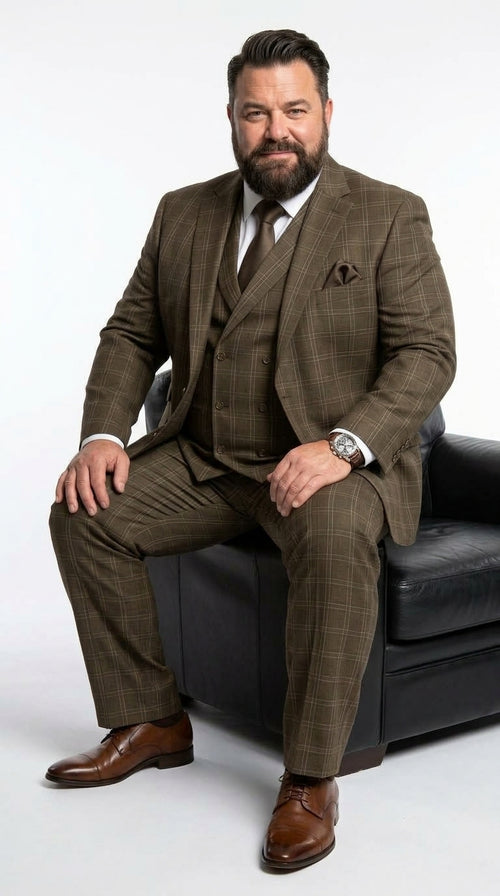 Men’s Brown Windowpane Plaid 3 Piece Suit, Double Breasted Vest Formal Wedding Business Suit