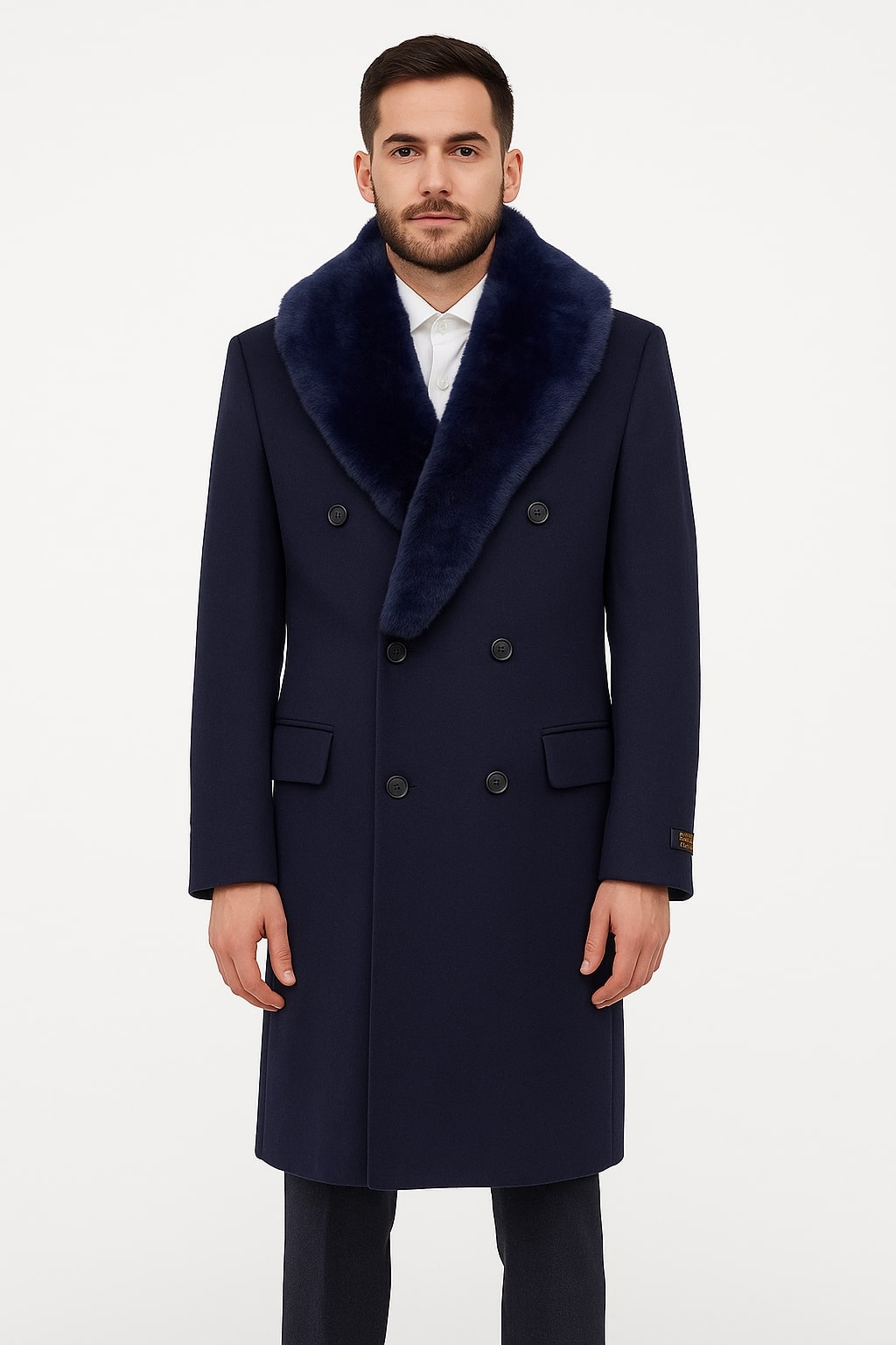 Mens Double-Breasted Navy Overcoat with Plush Blue Faux Fur Collar â€“ Alberto Nardoni Winter Coat - Coat Size 38