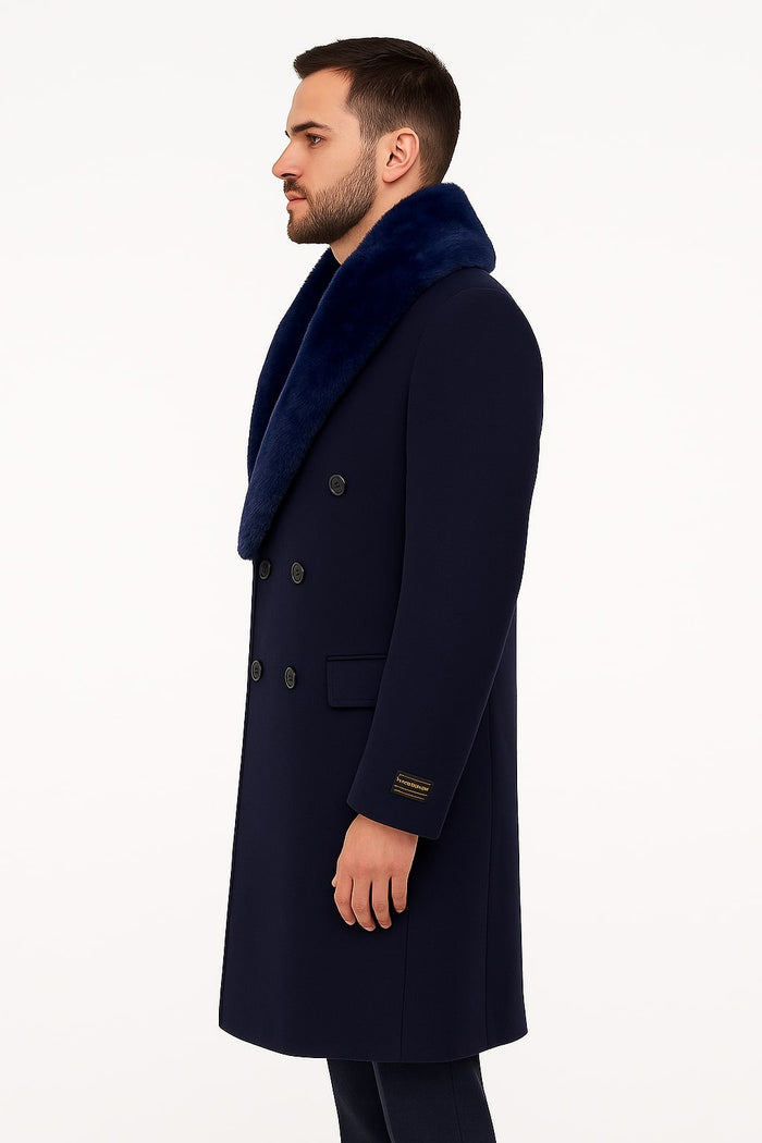 Mens Double-Breasted Navy Overcoat with Plush Blue Faux Fur Collar â€“ Alberto Nardoni Winter Coat