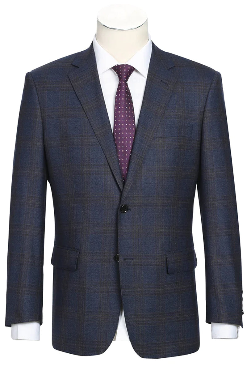 "Classic Fit Men's Wool Suit - Two Button Vested in Brown & Blue Windowpane Plaid"
