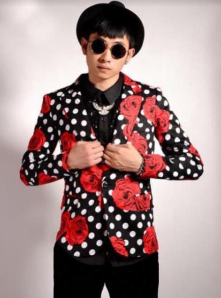 Men's Black And White And Red Polk Dot Christmas Party Suit Jacket And Pants- Cotton Fabric Floral Suit