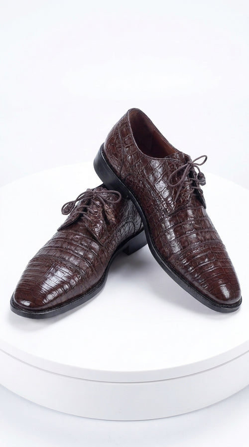 Men’s Original Exotic Caiman Belly Skin Shoes ZV098207, Brown Lace-Up Formal Dress Shoes