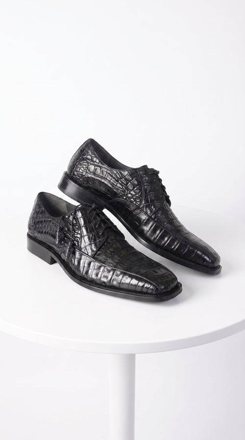 Men’s Original Exotic Caiman Belly Skin Shoes ZV038205, Black Lace-Up Formal Dress Shoes