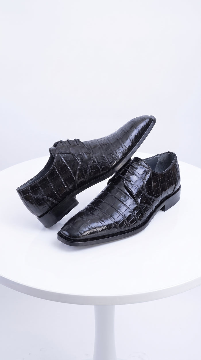 Men’s Original Exotic Caiman Belly Skin Shoes ZV088205, Black Lace-Up Formal Dress Shoes
