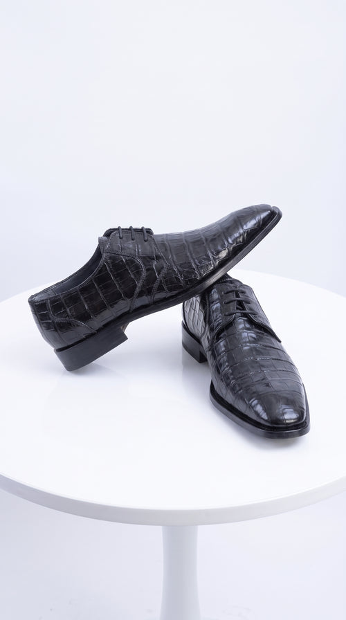 Men’s Original Exotic Caiman Belly Skin Shoes ZV088205, Black Lace-Up Formal Dress Shoes