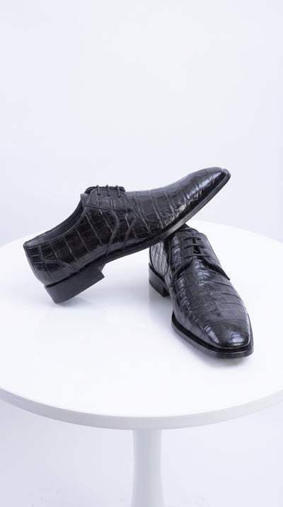Men’s Original Exotic Caiman Belly Skin Shoes ZV088205, Black Lace-Up Formal Dress Shoes