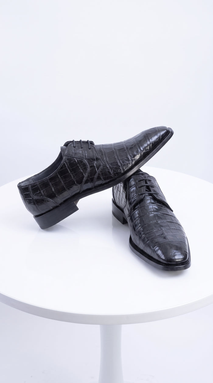 Men’s Original Exotic Caiman Belly Skin Shoes ZV088205, Black Lace-Up Formal Dress Shoes