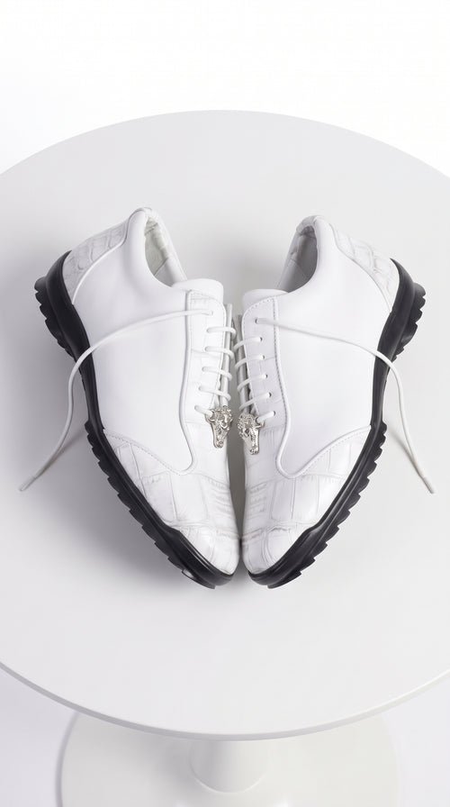 Men’s White Ostrich Leg Leather Sneaker LAB-ZC091928, Exotic Lace-Up Casual Dress Shoes