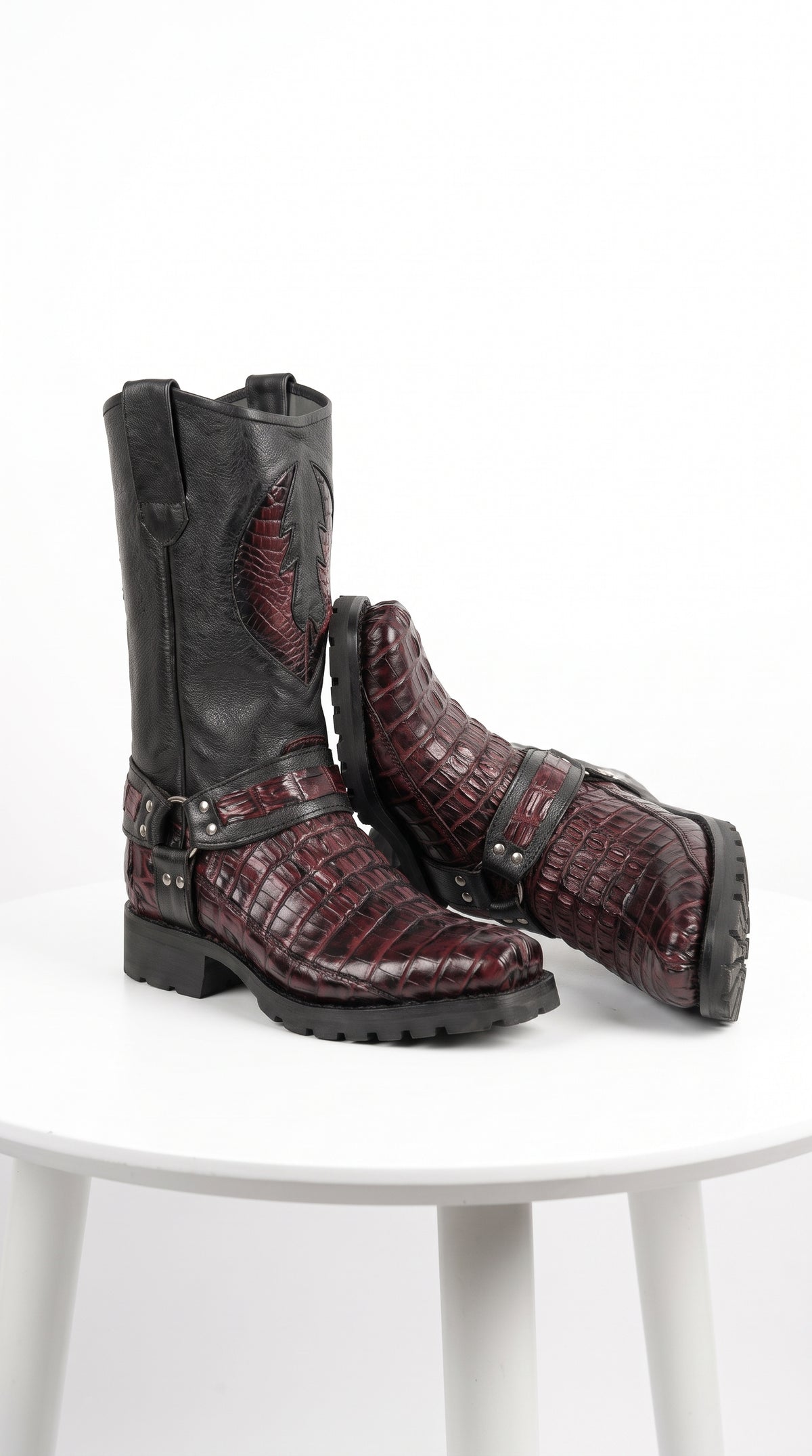 Men’s Los Altos Black and Burgundy Caiman Tail Skin Biker Boots, Exotic Western Motorcycle Boots