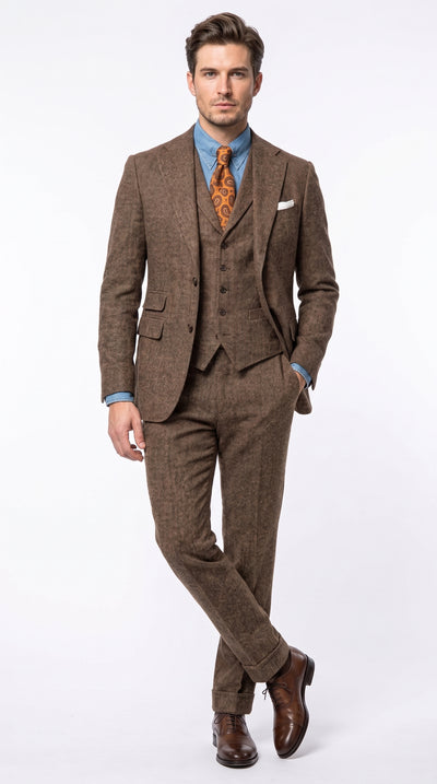 Men’s Brown Great Gatsby Costume Suit, 1920s Vintage Vested Suit Package with Shirt and Tie