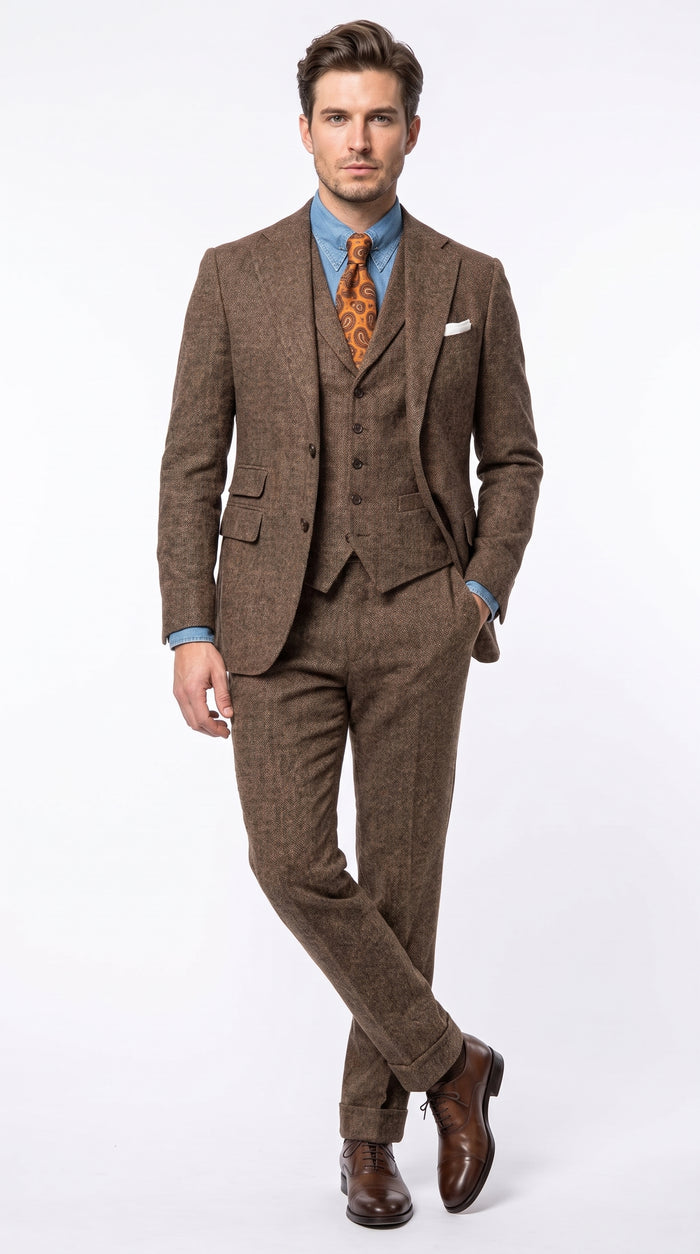 Men’s Brown Great Gatsby Costume Suit, 1920s Vintage Vested Suit Package with Shirt and Tie