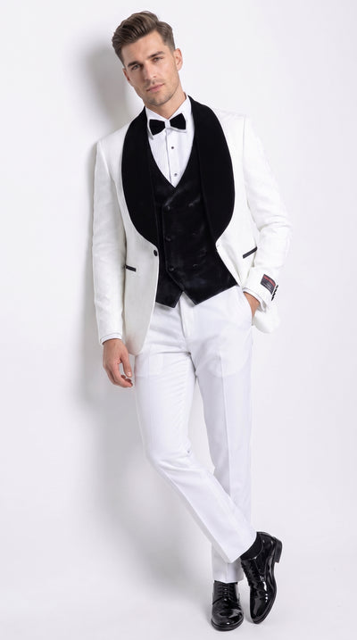 Gianni Men’s White 3 Piece Tuxedo with Black Velvet Lapel, Tailored Fit Formal Wedding Prom Suit