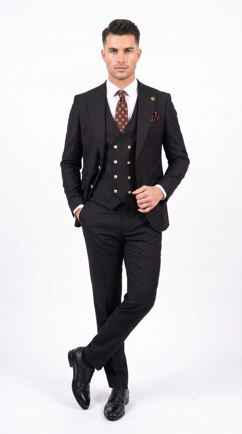 Men’s Black Double Breasted Vested Suit, 1920s 1980s Style Peak Lapel Wool Feel Designer Suit with Gold Buttons
