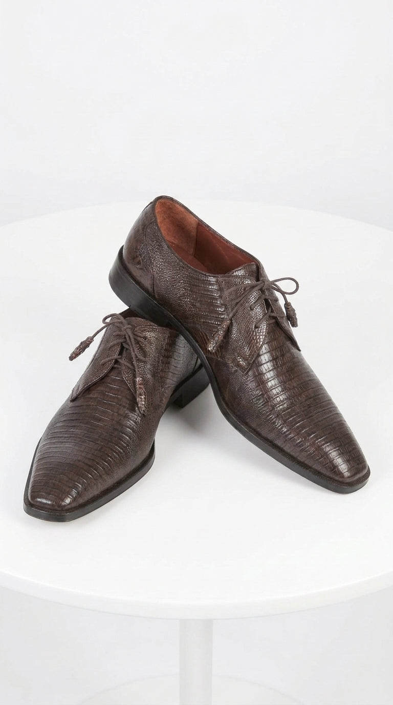 Men’s Original Exotic Teju Lizard Skin Shoes ZV080707, Brown Lace-Up Formal Dress Shoes
