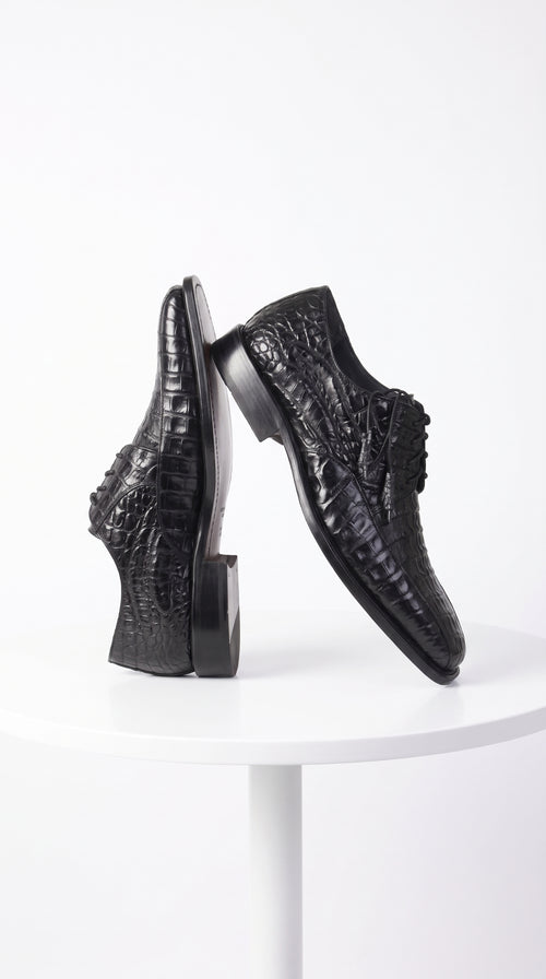Men’s Original Exotic Caiman Belly Skin Shoes ZV038205, Black Lace-Up Formal Dress Shoes