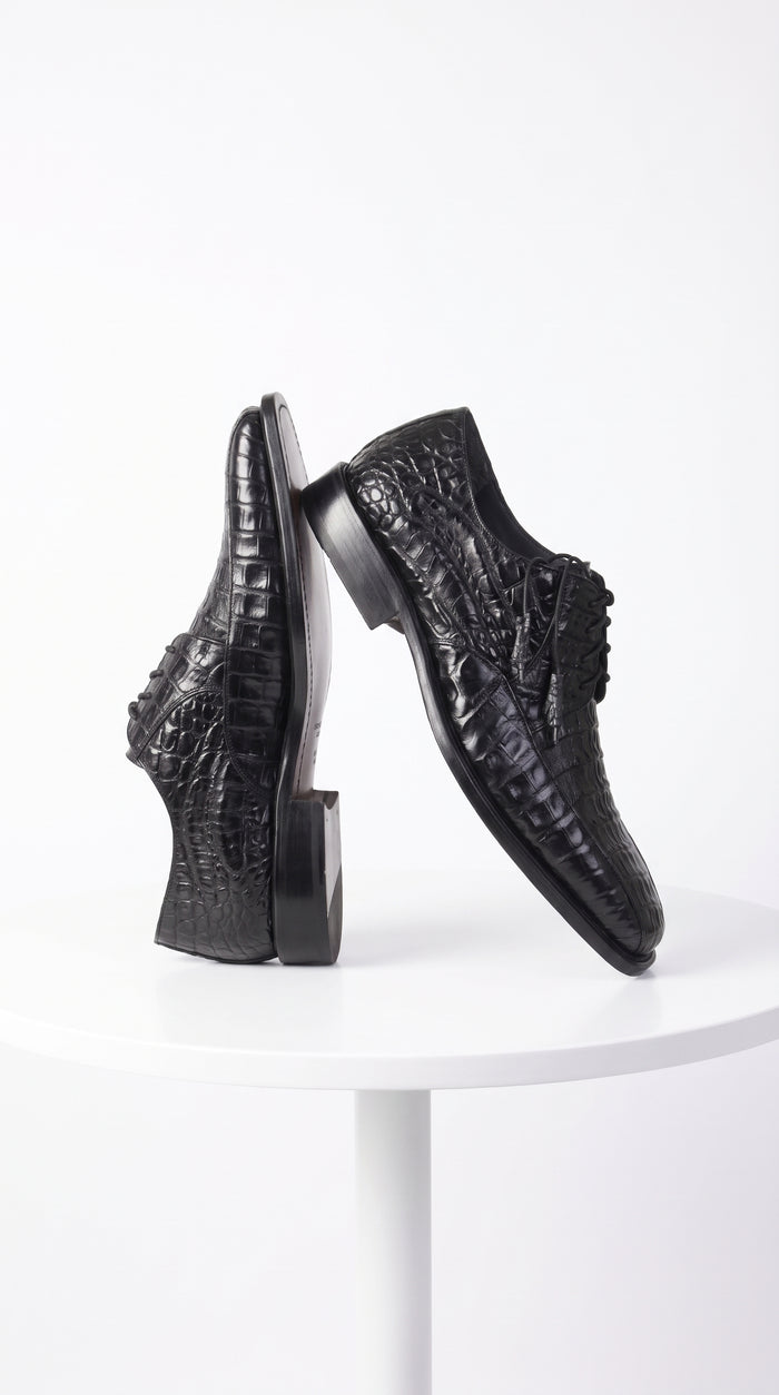 Men’s Original Exotic Caiman Belly Skin Shoes ZV038205, Black Lace-Up Formal Dress Shoes