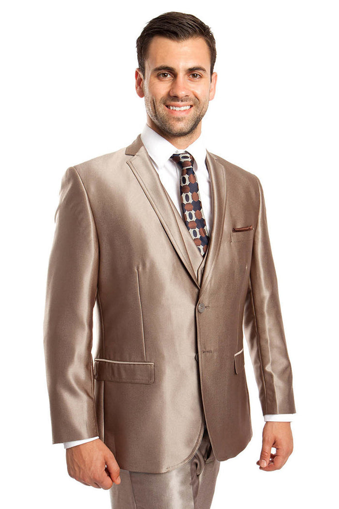 "Sharkskin Wedding & Prom 2026 Suit - Men's Two Button Vested in Dark Taupe"