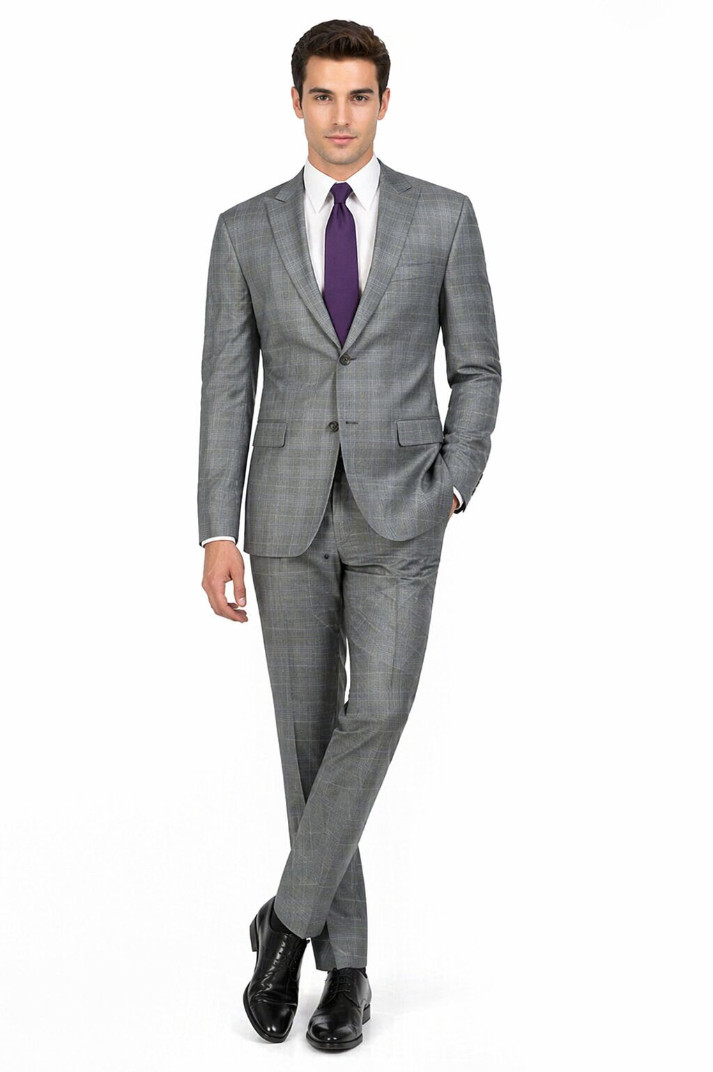 Mens 2 Button Peak Lapel Modern Plaid Suit in Grey