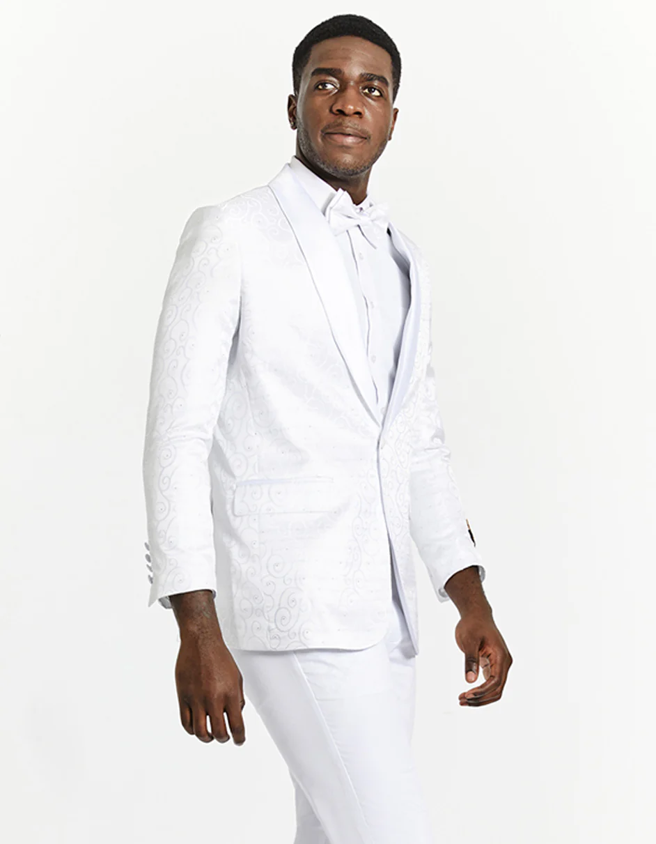 Best  Mens Slim Fit Swirl Paisley Prom 2026 Tuxedo Dinner Jacket in White  - For Men  Fashion Perfect For Wedding or Prom 2026 or Business  or Church - XS