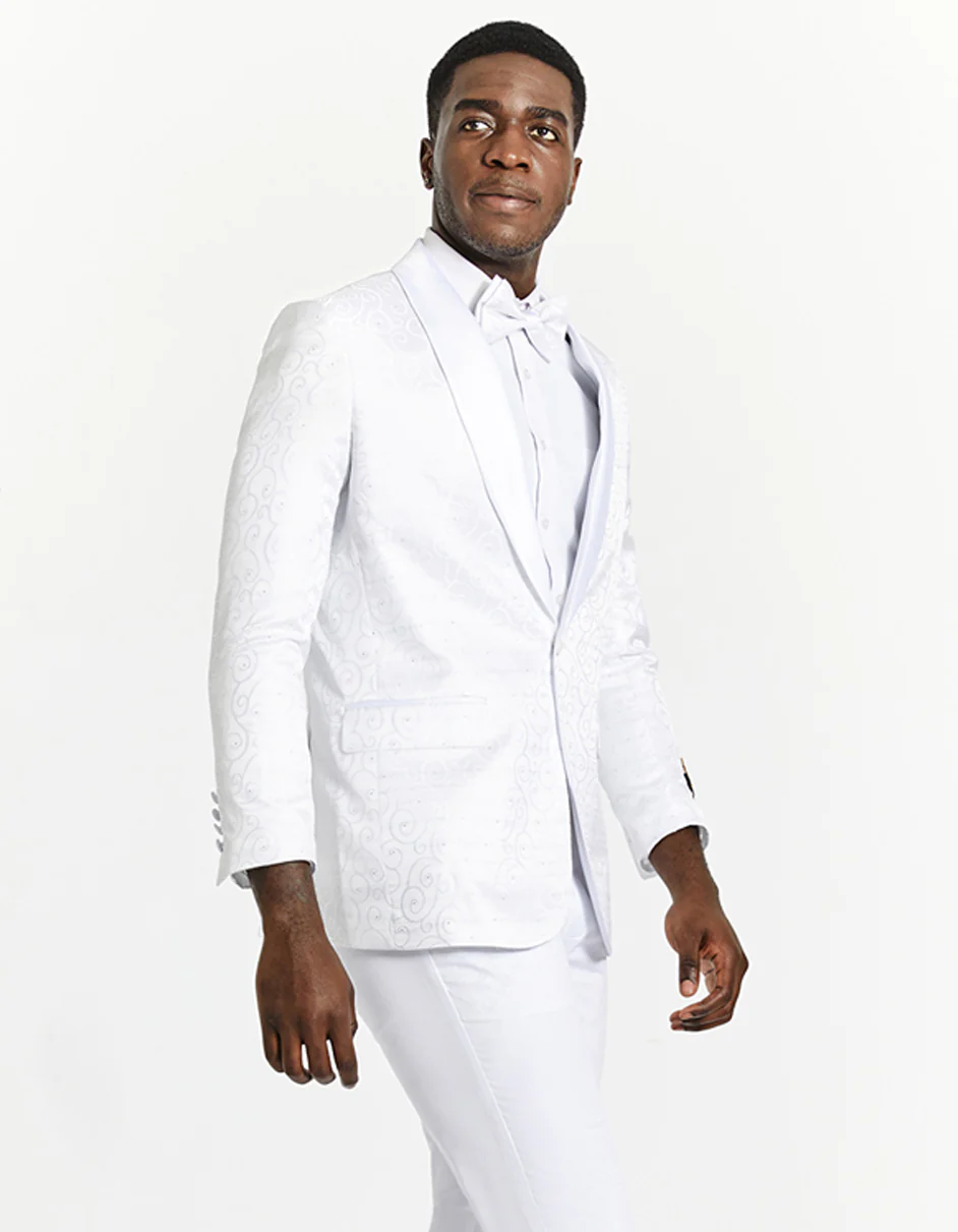 Best Mens Swirl and Diamond Prom Tuxedo Blazer in White  - For Men  Fashion Perfect For Wedding or Prom or Business  or Church