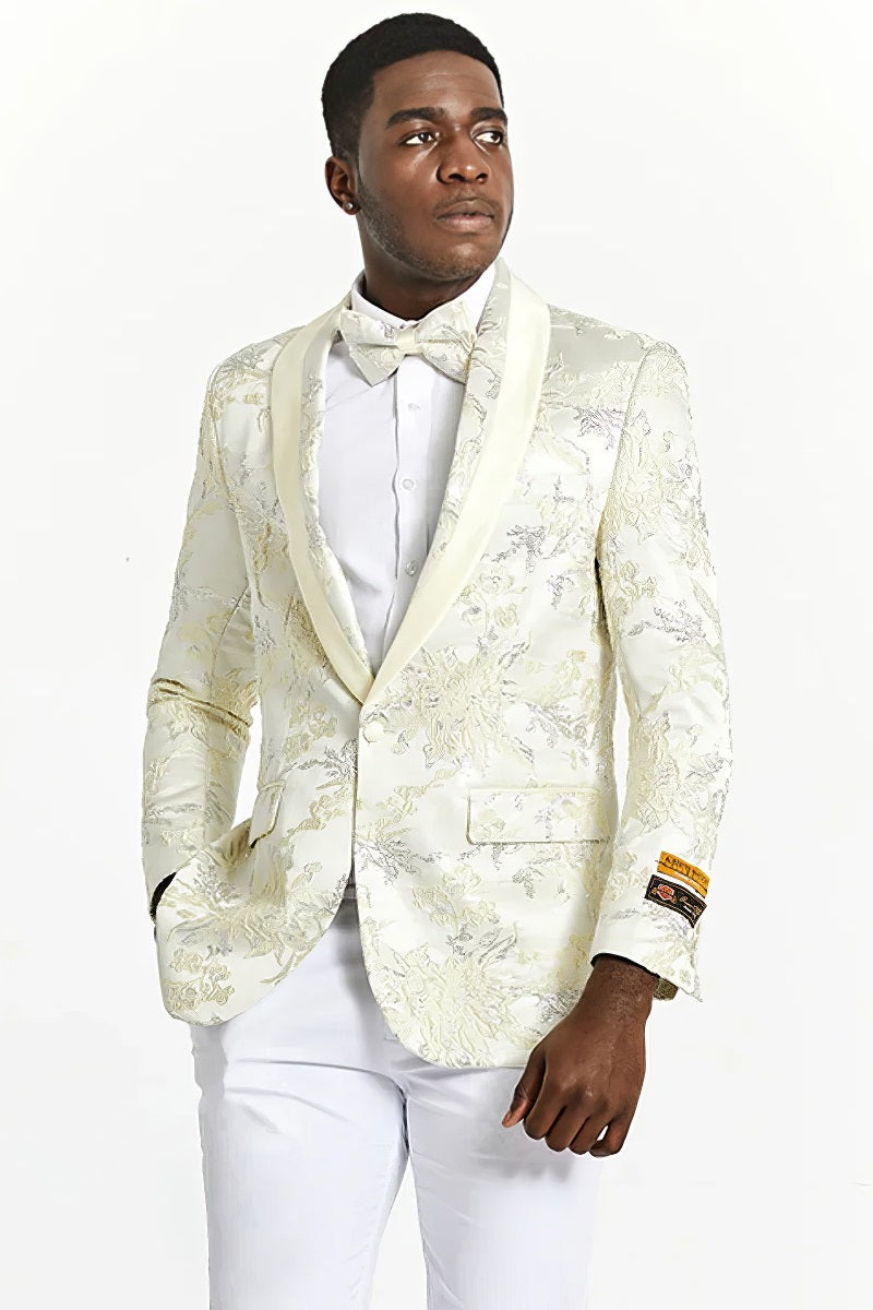 Best Mens Slim Fit Ivory & Gold Floral Prom 2025 Tuxedo Dinner Jacket - For Men  Fashion Perfect For Wedding or Prom 2025 or Business  or Church