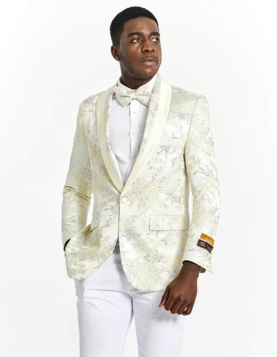 "Mens Slim Fit Ivory & Gold Floral Prom Tuxedo Suit Dinner Jacket"