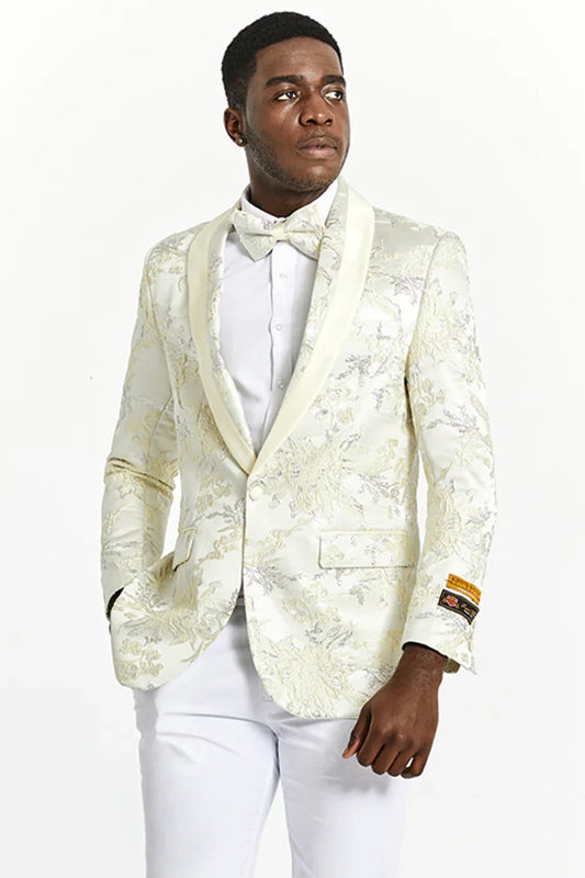 "Mens Slim Fit Ivory & Gold Floral Prom 2025 Tuxedo Suit Dinner Jacket" Gold Prom Suits